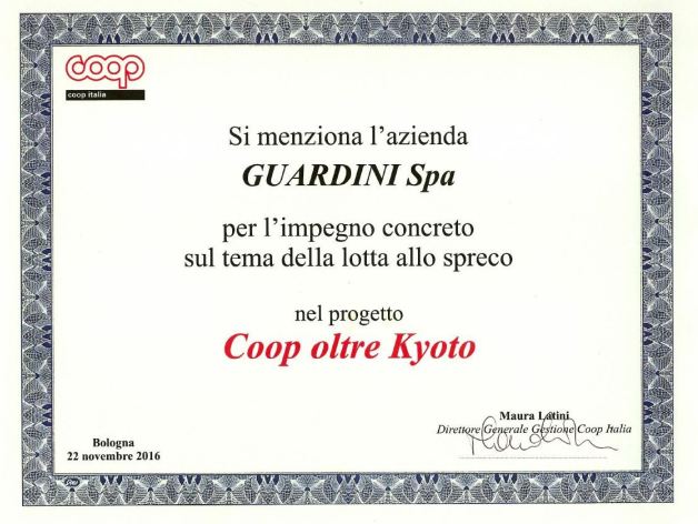 Guardini è stata menzionata nel progetto COOP OLTRE KYOTO per l’impegno concreto sul tema della lotta allo spreco.